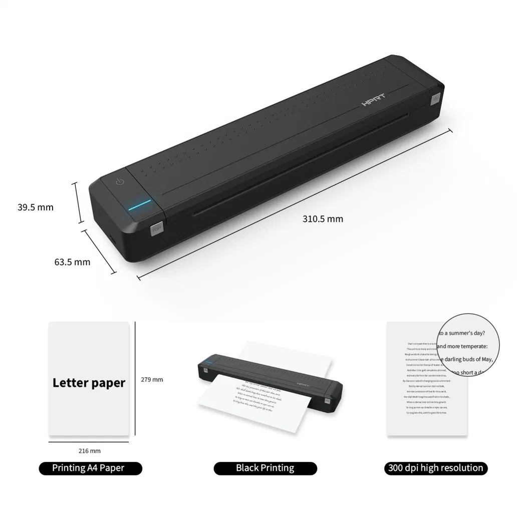 MT800 Mini Mobile Portable Bluetooth Wifi USB A4 Paper Size Small Thermal Transfer Printer with Embedded Battery Office Document Printing